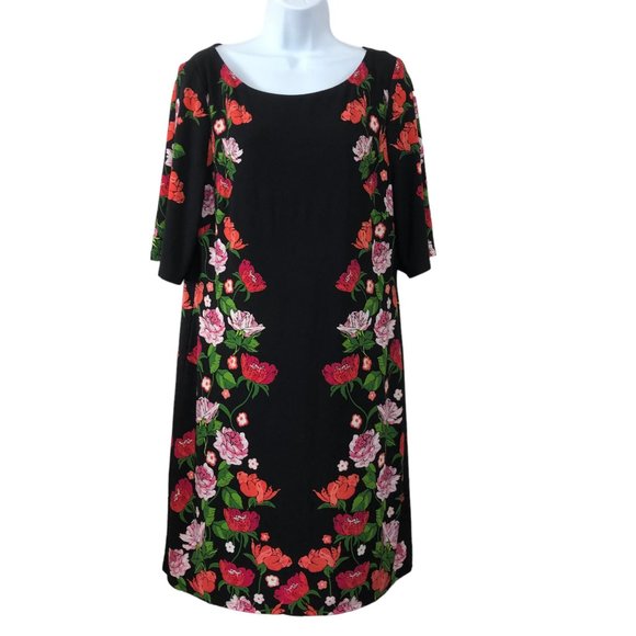 Jessica Howard Black Pink Floral Short Sleeve Lined Dress Size 14 - Picture 2 of 7